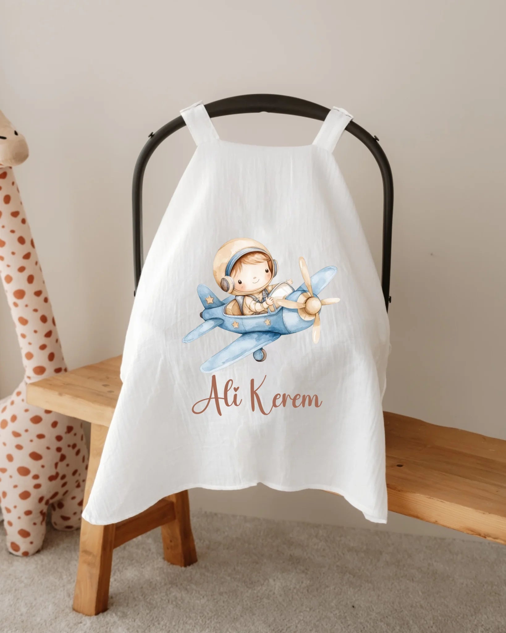 Sevimli Uçak Tasarımları - İsimli Müslin Puset Örtüsü | Can Baby