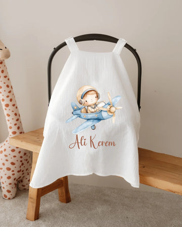 Sevimli Uçak Tasarımları - İsimli Müslin Puset Örtüsü | Can Baby
