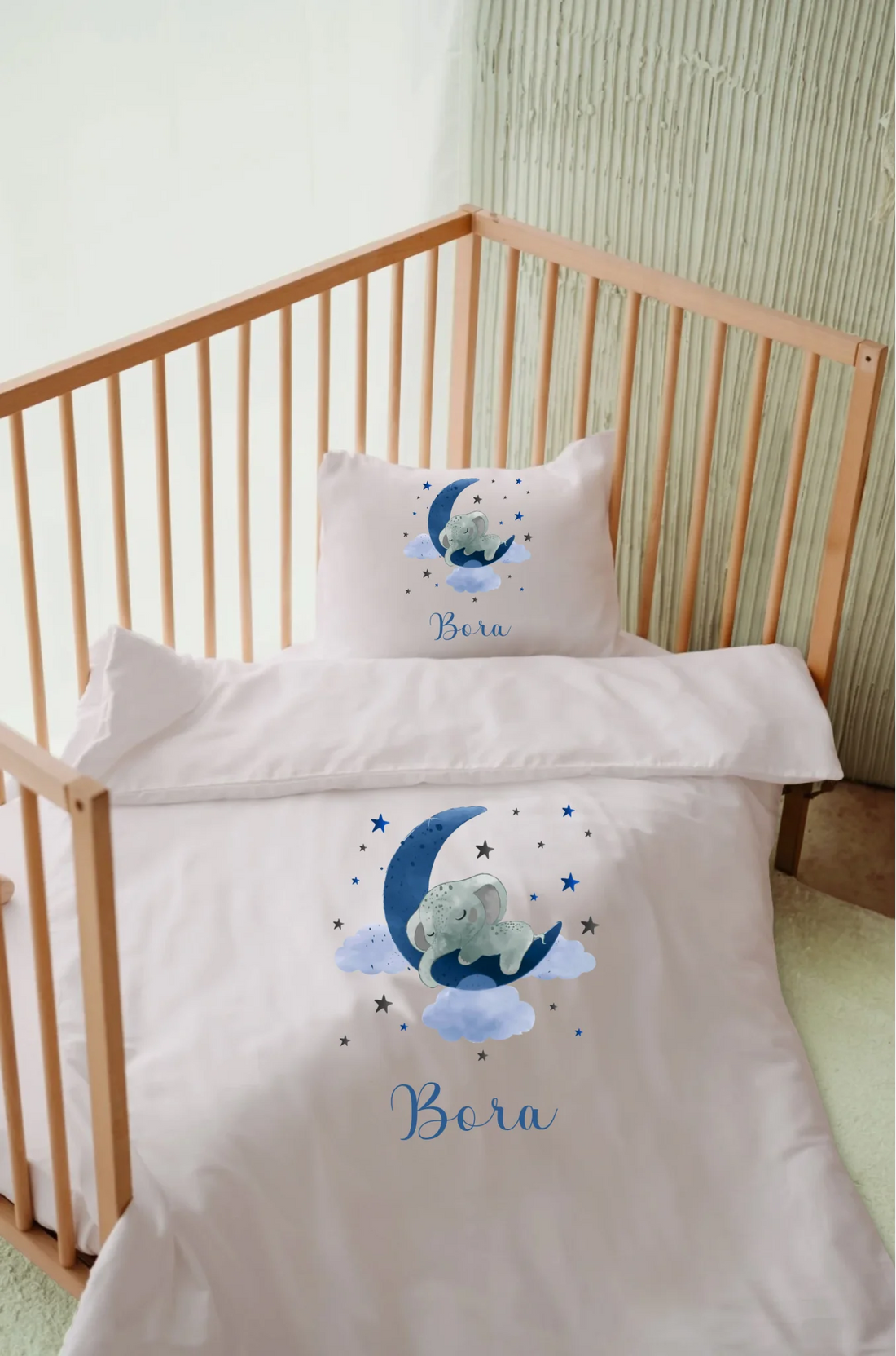 Ay ve Fil Tasarımları - İsimli Bebek Nevresim Takımı | Can Baby