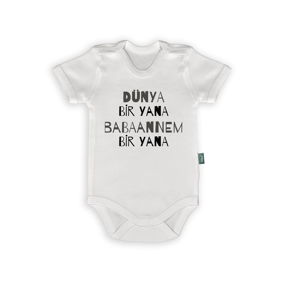 Babaannelere Özel Bebek Body & Zıbın – “Dünya Bir Yana” Yazılı Eğlenceli Bebek Zıbın | %100 Pamuk Kıyafet, organik baskılı isimli zıbın