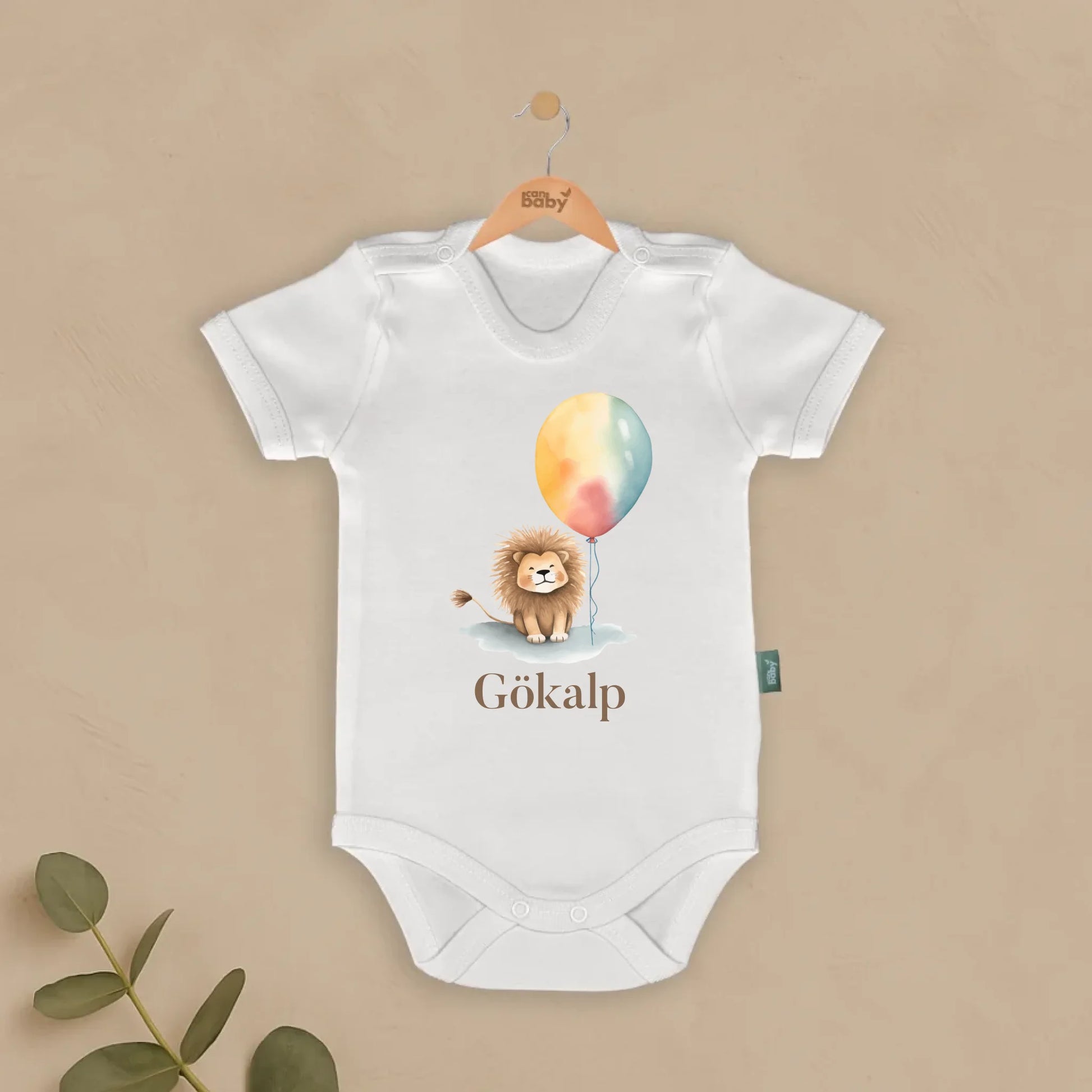 Balonlu Hayvanlar - İsimli Bebek Zıbın, aslan ve balon baskılı, %100 pamuklu yenidoğan giysisi, kişiye özel tasarım, Gökalp isimli zıbın.