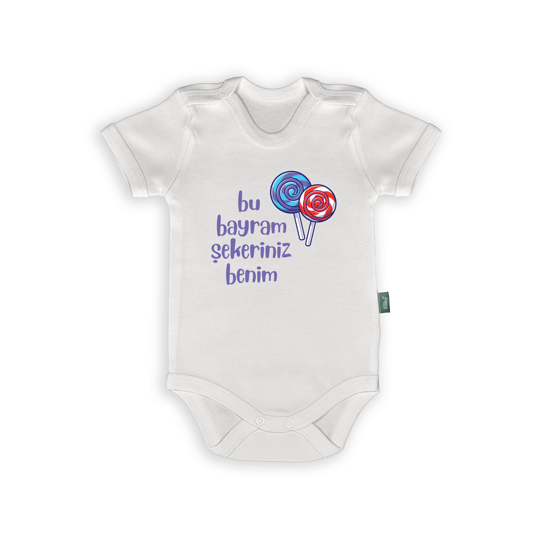 Bayrama Özel Bebek Body & Zıbın – Bu Bayram Şekeriniz Benim, organik baskılı bebek giysisi, hassas ciltler için uygun %100 pamuk.
