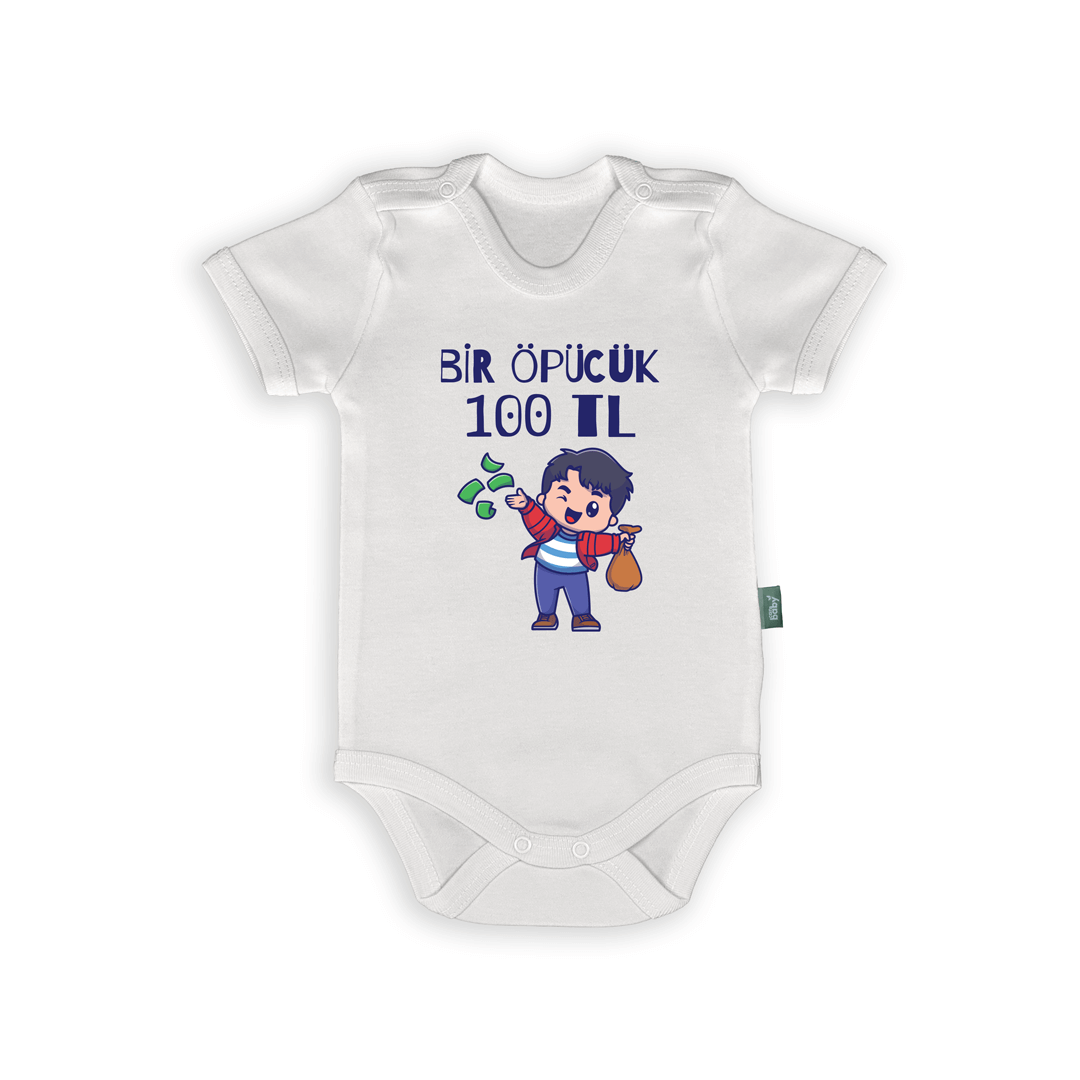 Eğlenceli Bebek Body & Zıbın – Bir Öpücük 100 TL Tasarımı, organik ve esprili baskılı çocuk giysisi, %100 pamuk, sevimli karakter detaylı.