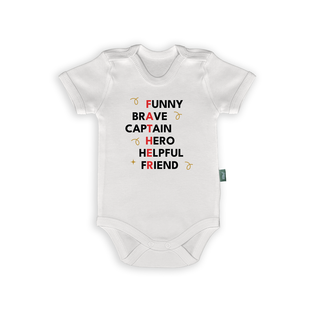 F.A.T.H.E.R. – İngilizce Babalar Günü Bebek Body | Funny Brave Hero Tasarımlı, %100 pamuk, minimalist tasarım, eğlenceli ve duygusal hediye.