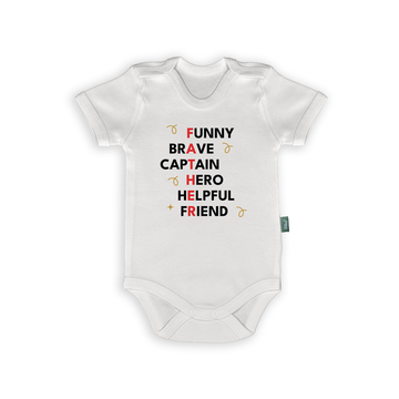 F.A.T.H.E.R. – İngilizce Babalar Günü Bebek Body | Funny Brave Hero Tasarımlı, %100 pamuk, minimalist tasarım, eğlenceli ve duygusal hediye.