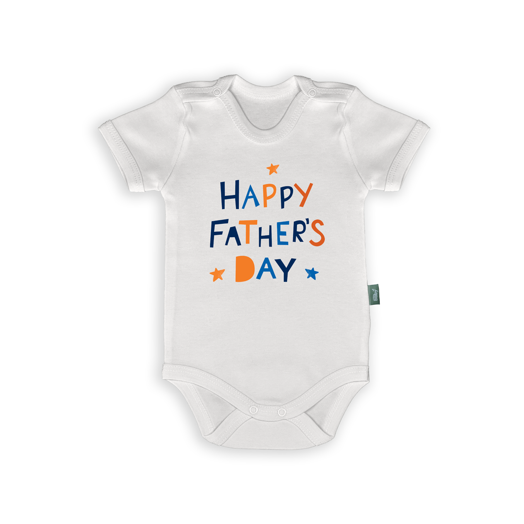 Happy Father’s Day – İngilizce Babalar Günü Bebek Body & Zıbın, mavi ve turuncu yıldızlı, %100 pamuk ile üretilen bebek kıyafeti.