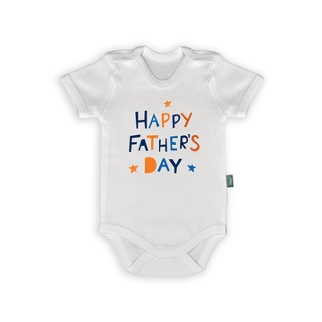 Happy Father’s Day – İngilizce Babalar Günü Bebek Body & Zıbın, mavi ve turuncu yıldızlı, %100 pamuk ile üretilen bebek kıyafeti.