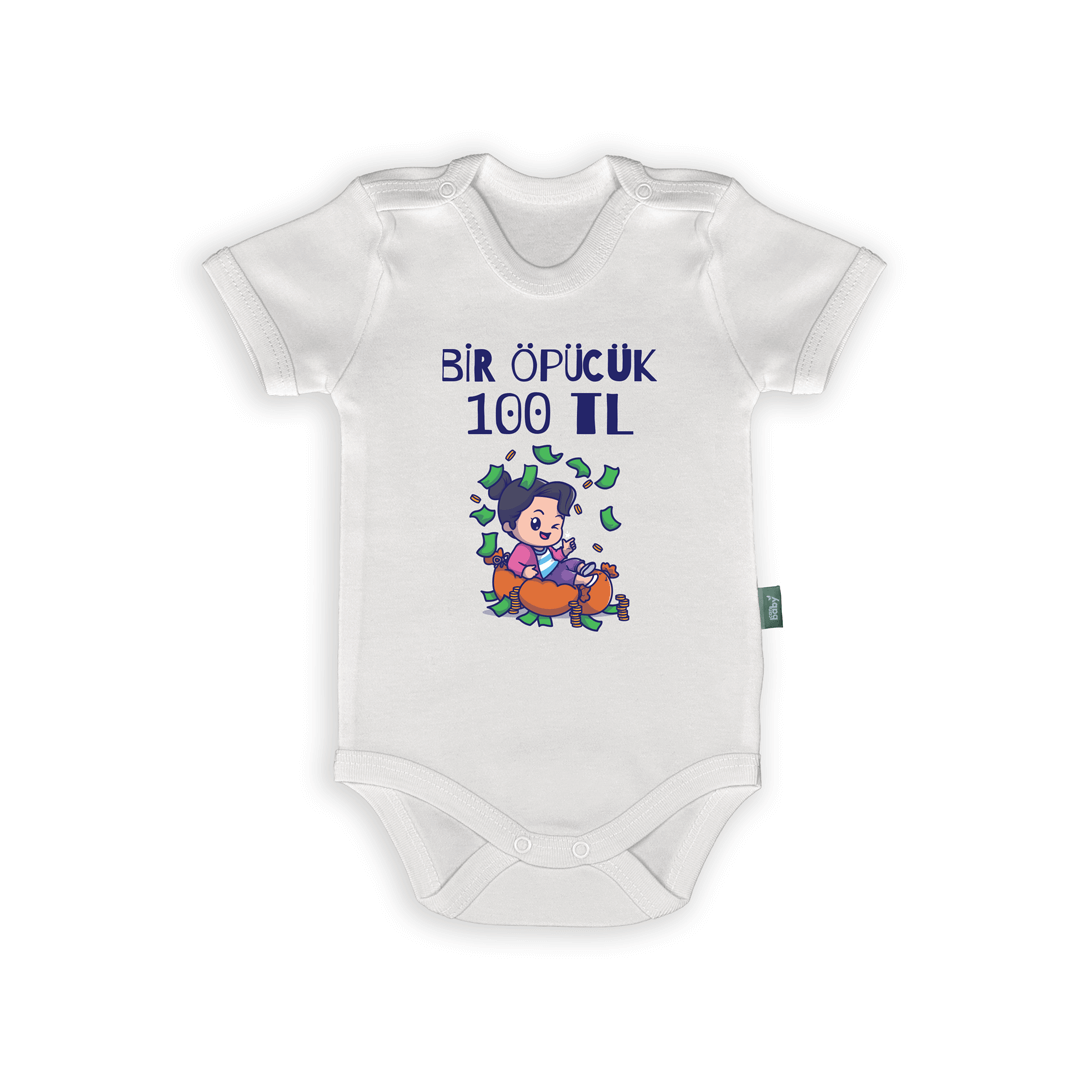 Komik Bebek Body & Zıbın – Bir Öpücük 100 TL Baskılı, organik isimli bebek zıbını, eğlenceli baskı, yüzde yüz pamuk