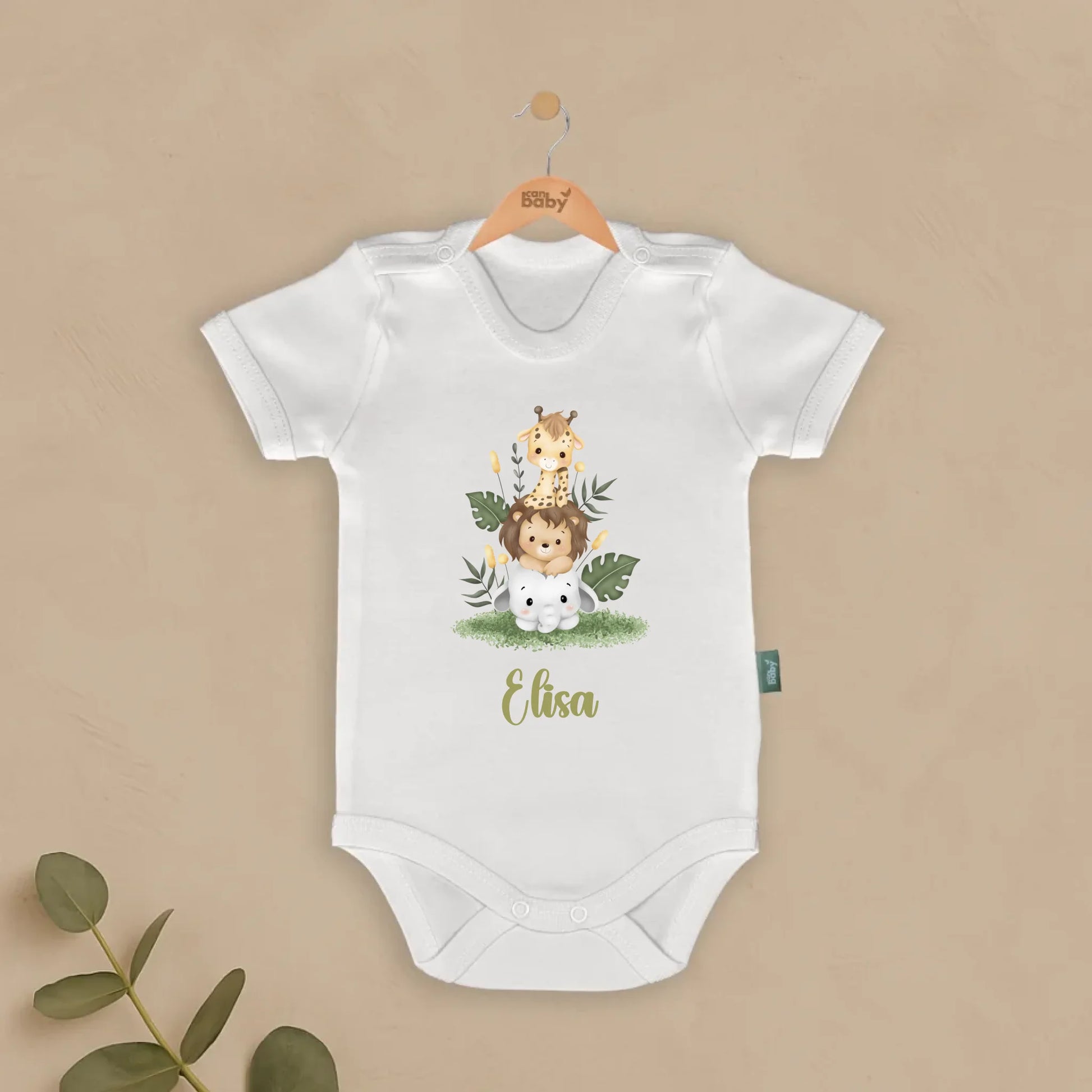 Safari Tasarımları - İsimli Bebek Zıbın, kişiye özel yenidoğan body, %100 pamuklu, safari hayvanları baskılı bebek kıyafeti.